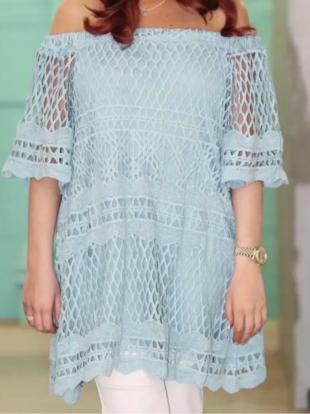 Off-Shoulder Light Blue Crochet Mini Dress